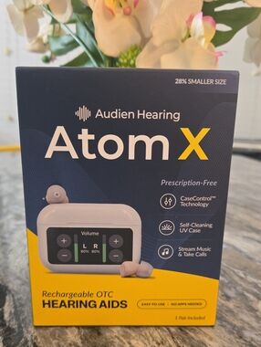 Audien Hearing Atom X Rechargeable OTC Hearing Aids - Navy & Yellow Packaging
